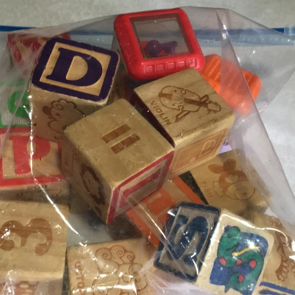 2” wooden blocks with numbers, letters, animals, and nouns